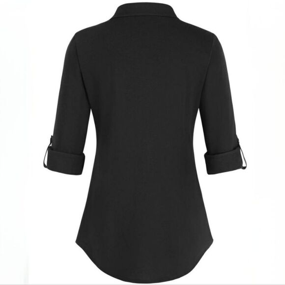 DJT Women’s Roll-Up Long Sleeve Solid Black Women’s Collared Button-Down Shirt - Picture 3 of 16